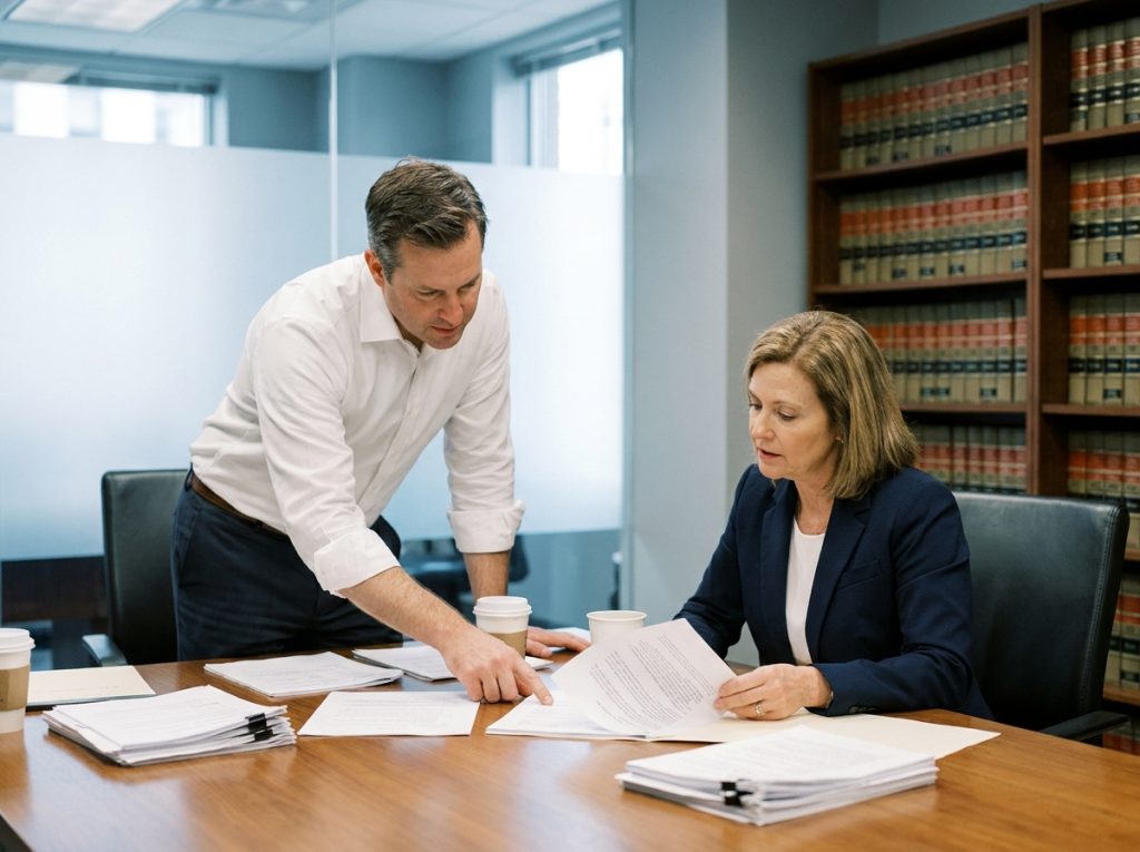 Consultation juridique pour divorce entre un client et une avocate dans un cabinet professionnel avec documents légaux