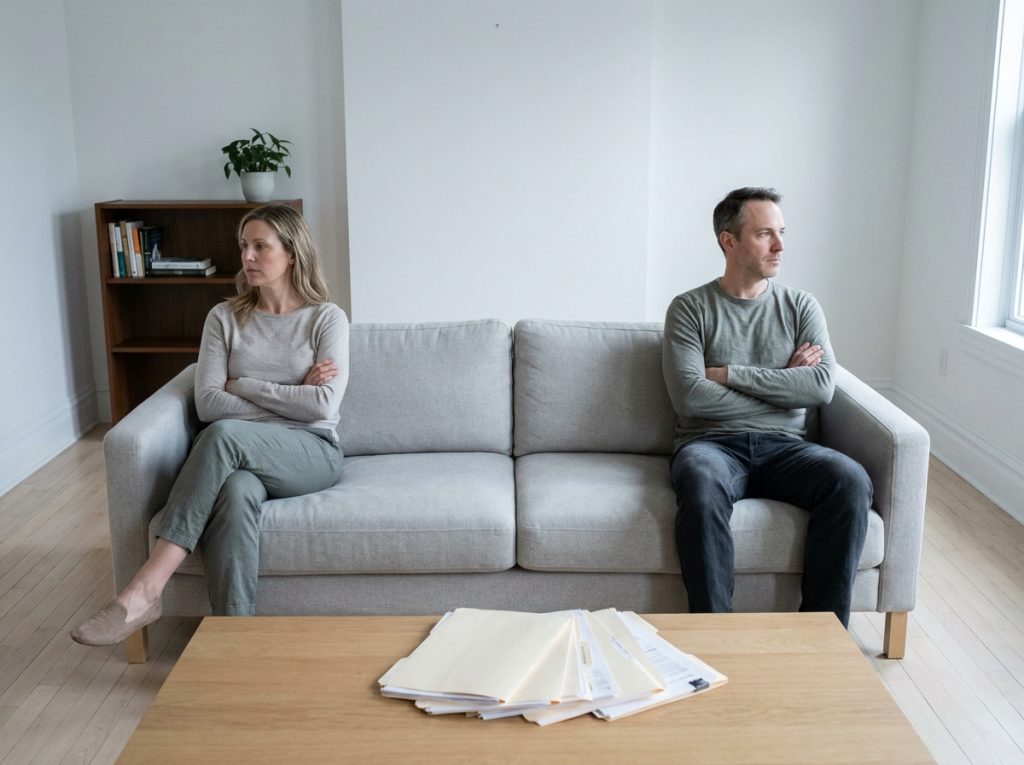 Couple en instance de divorce assis sur un canapé avec des documents juridiques, exprimant la distance émotionnelle et la séparation