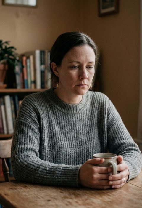 Femme seule assise à une table en bois tenant une tasse, reflétant la solitude et la réflexion lors d'une procédure de divorce