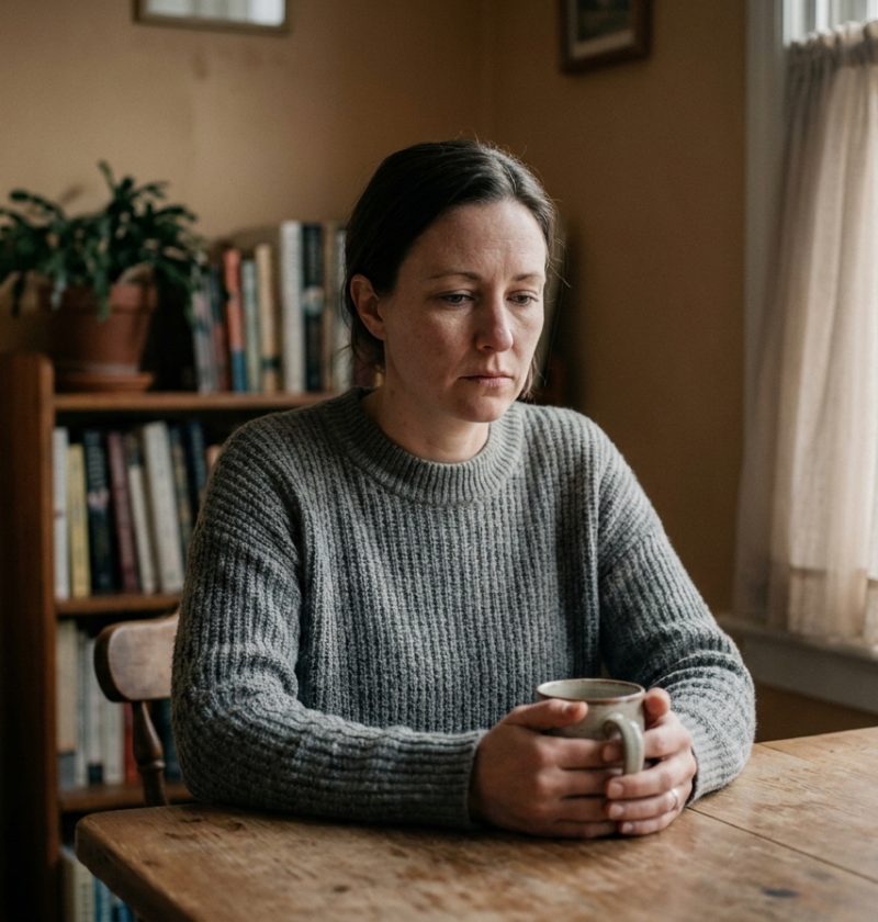 Femme seule assise à une table en bois tenant une tasse, reflétant la solitude et la réflexion lors d'une procédure de divorce